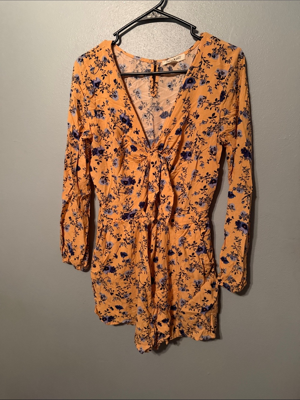 Floral Tie-Front Long Sleeve romper- Mustard